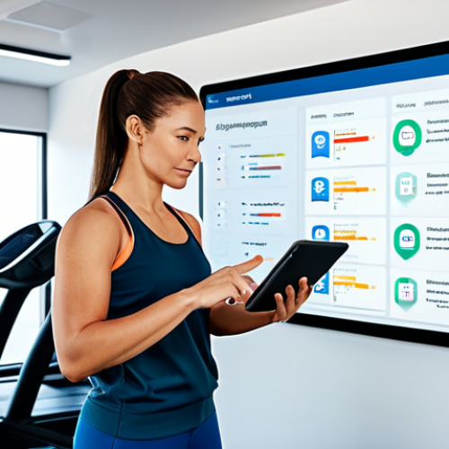 A thoughtful, focused professional woman, fully clothed in modest, comfortable activewear, stands in a modern, brightly lit fitness studio. She is looking at a digital tablet displaying various gym membership options and a stylized "fitness roadmap" infographic. The background is clean and minimalist, suggesting a space for planning and clarity. The scene emphasizes strategy and personal goal setting. perfect anatomy, correct proportions, natural pose, well-formed hands, proper finger count, natural body proportions, safe for work, appropriate content, professional dress, family-friendly, high quality, professional photography.