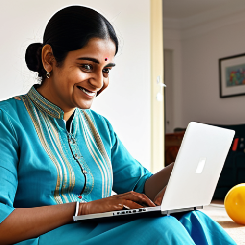 A Mother Researching Music Classes**

"A mother sitting at her laptop in a brightly lit living room, researching music classes on the internet. She is wearing a modest kurta and smiling thoughtfully. The background shows a comfortable home setting with children's toys. Safe for work, appropriate content, fully clothed, family-friendly, professional quality, perfect anatomy, natural proportions, well-formed hands, proper finger count."

**