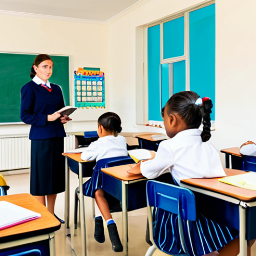 **

A brightly lit classroom scene. A young, fully clothed girl in modest school uniform sits attentively at her desk. Other children are similarly dressed and engaged in learning. The teacher, also fully clothed in appropriate attire, is helping a student. The classroom has educational posters and colorful decorations. Safe for work, appropriate content, family-friendly, perfect anatomy, correct proportions, professional illustration.

**