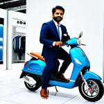 스쿠터 구입비용 - A professional Indian man in a showroom, looking at a Hero scooter. He is fully clothed in a modest,...