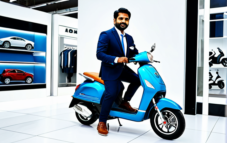 스쿠터 구입비용 - A professional Indian man in a showroom, looking at a Hero scooter. He is fully clothed in a modest,...