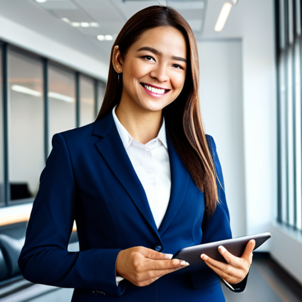 정장 맞춤 비용 - **

A professional woman in a modest, dark blue business suit, standing in a brightly lit office lob...