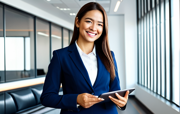 정장 맞춤 비용 - **

A professional woman in a modest, dark blue business suit, standing in a brightly lit office lob...