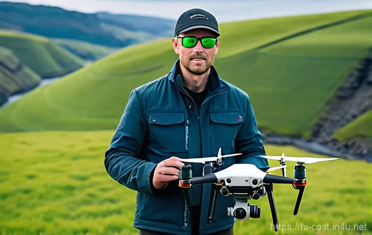 드론 촬영 비용 - **Prompt:** A highly skilled professional drone pilot, wearing practical outdoor attire and safety g...