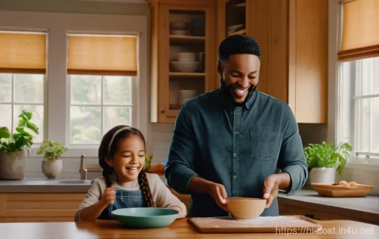 취미 활동 비용 - **A heartwarming family baking scene.**
    "A happy, diverse family, including a mother with long, ...