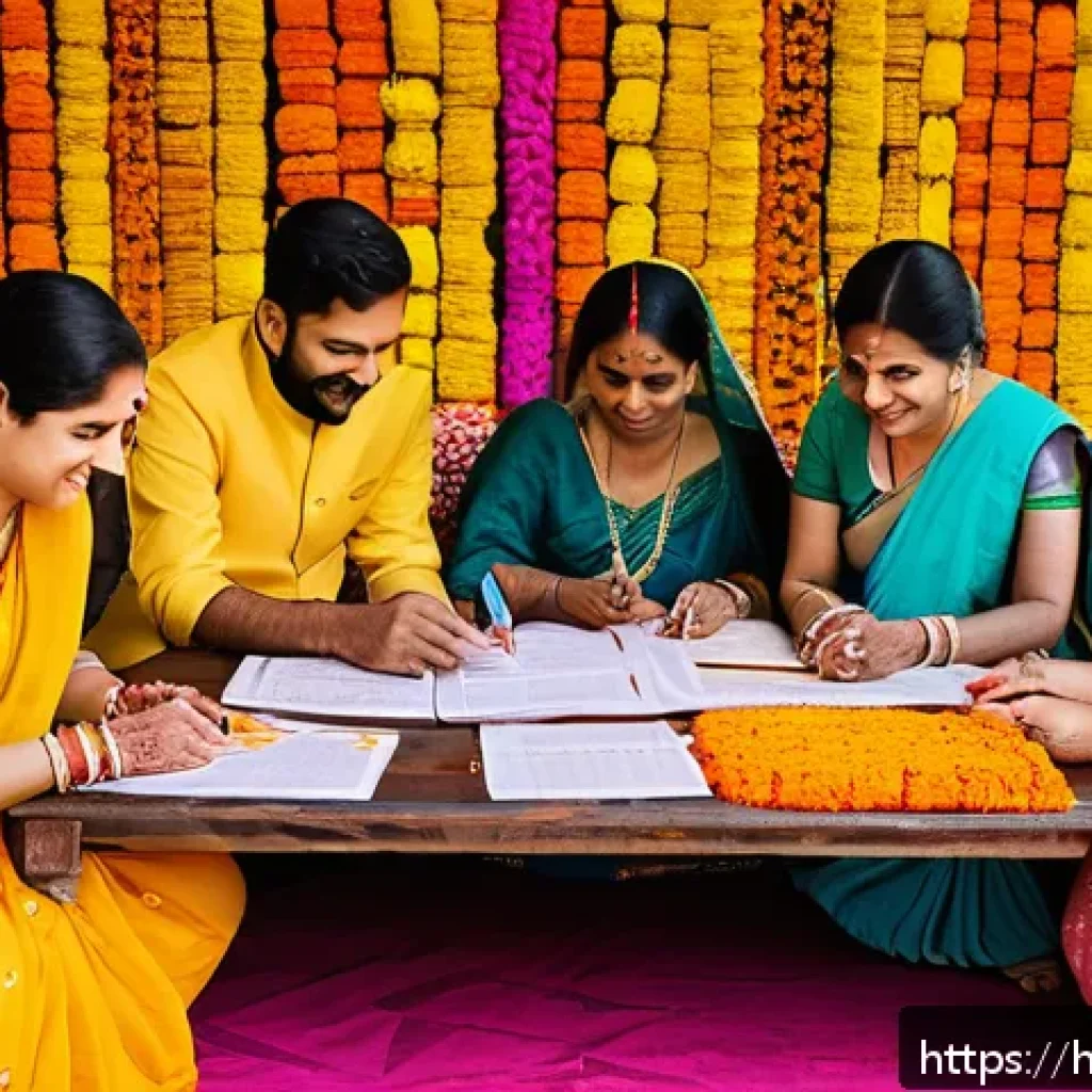 결혼준비 패키지 비용 - A vibrant Indian wedding preparation scene showcasing a diverse group of people planning the wedding...