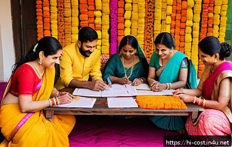 결혼준비 패키지 비용 - A vibrant Indian wedding preparation scene showcasing a diverse group of people planning the wedding...