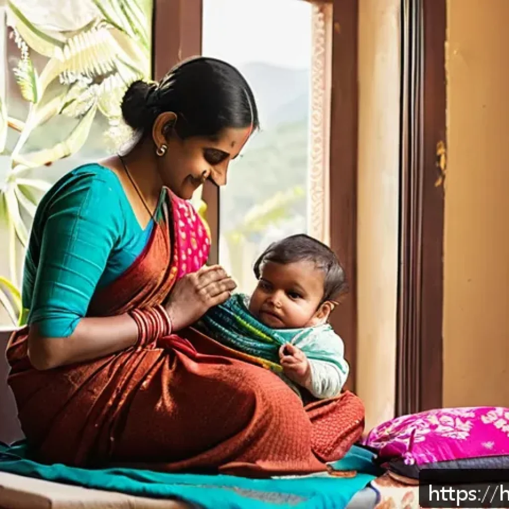 산후조리원 비용 - A warm and inviting scene of a Hindi-speaking Indian mother and her newborn baby in a cozy home sett...