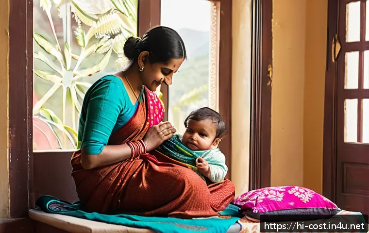 산후조리원 비용 - A warm and inviting scene of a Hindi-speaking Indian mother and her newborn baby in a cozy home sett...