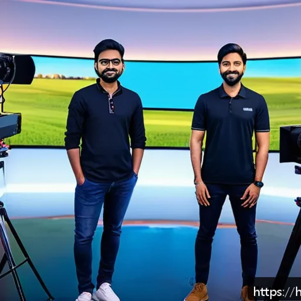 방송장비 렌탈비 - A professional broadcasting studio scene featuring a diverse team of content creators of Indian ethn...