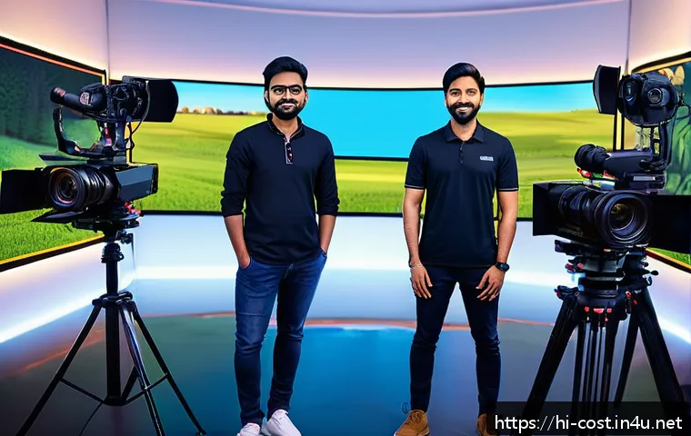 방송장비 렌탈비 - A professional broadcasting studio scene featuring a diverse team of content creators of Indian ethn...