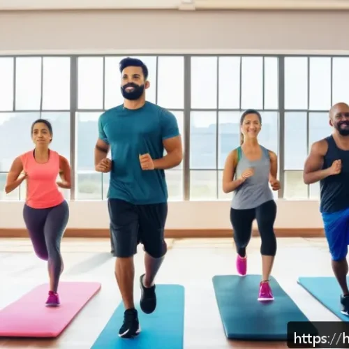 개인 PT 비용 - A diverse group fitness class in a modern gym setting, featuring men and women of different ages and...