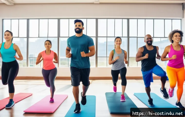 개인 PT 비용 - A diverse group fitness class in a modern gym setting, featuring men and women of different ages and...
