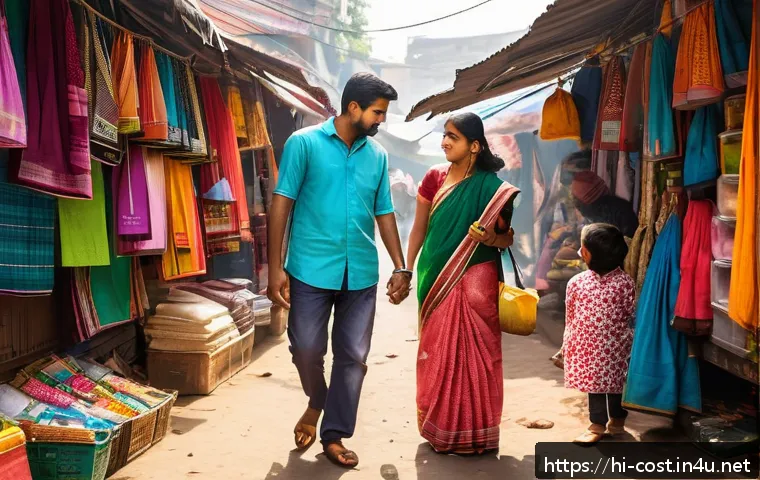 유아용품 구매비용 - A warm, vibrant scene of an Indian family shopping for children’s school supplies in a busy local ma...