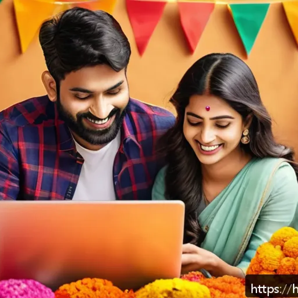 택배 배송비 - A vibrant Indian family happily shopping online together on a laptop and smartphone, surrounded by c...