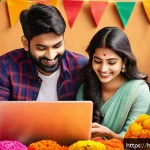 택배 배송비 - A vibrant Indian family happily shopping online together on a laptop and smartphone, surrounded by c...