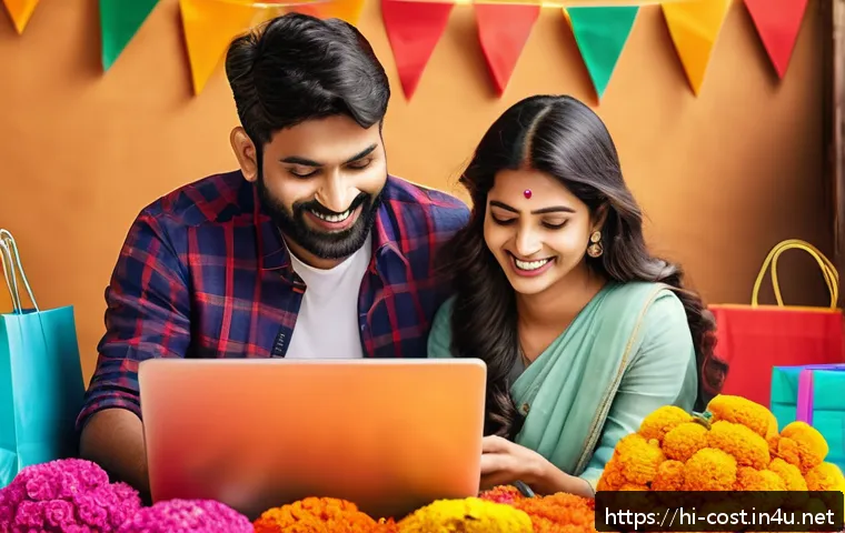 택배 배송비 - A vibrant Indian family happily shopping online together on a laptop and smartphone, surrounded by c...