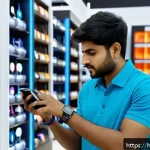 스마트워치 구입비 - A detailed image of a young Indian man thoughtfully comparing smartwatches in a modern electronics s...