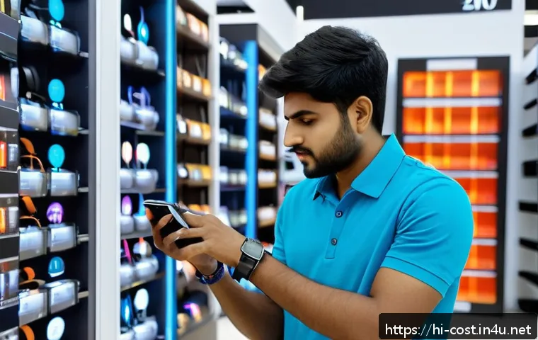 스마트워치 구입비 - A detailed image of a young Indian man thoughtfully comparing smartwatches in a modern electronics s...