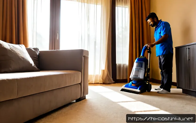 Home 17 카펫 청소 비용 - Photorealistic Indian living room with a professional carpet cleaner using a hot-water extraction ma...