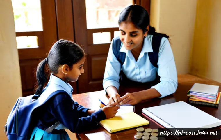 Home 17 초등학교 학용품비 - Photorealistic Indian mother and elementary-age child in neat school uniform comparing essential sch...